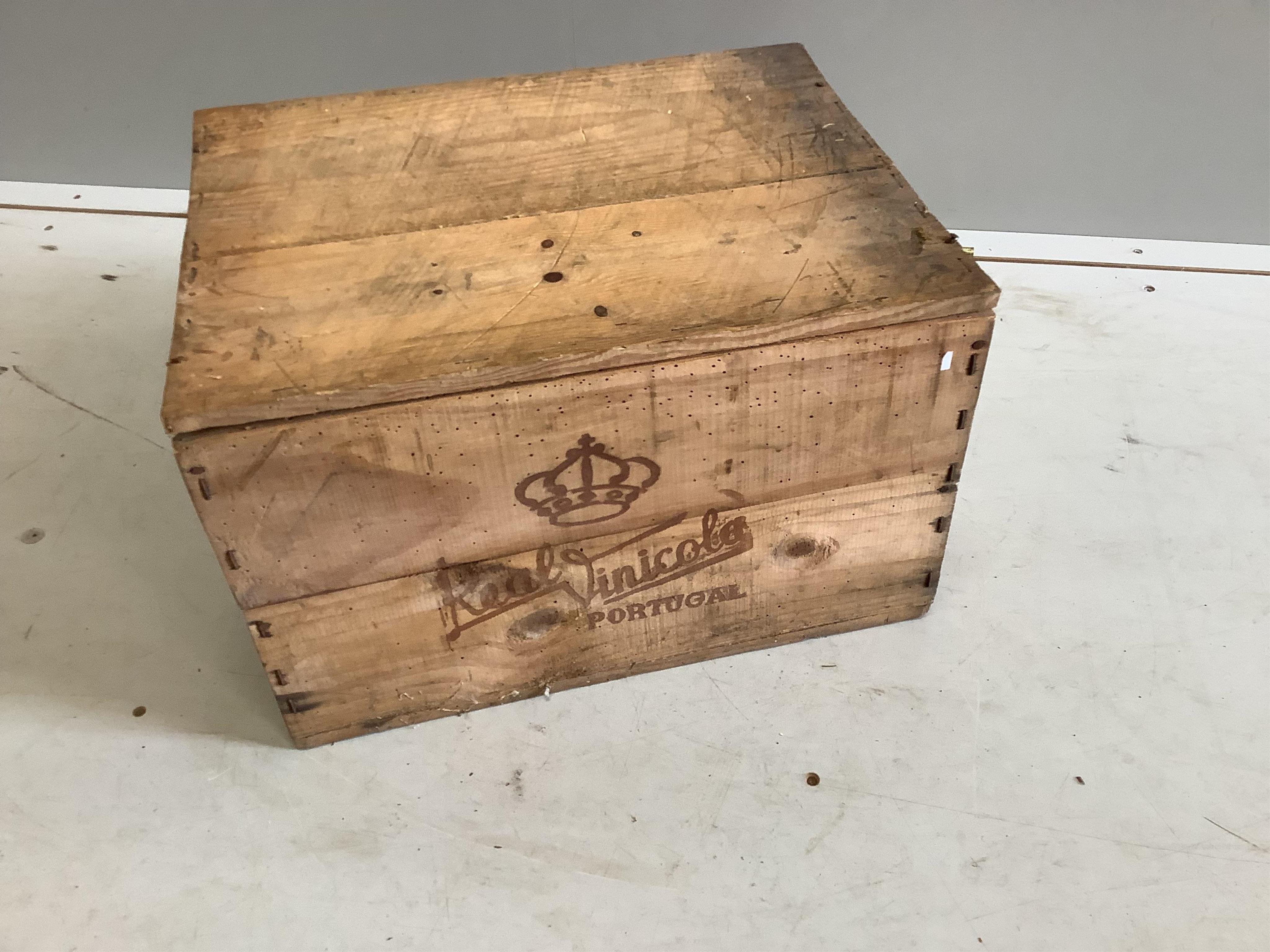Seven vintage port, whisky and fruit crates, largest width 43cm, height 27cm. Condition - poor